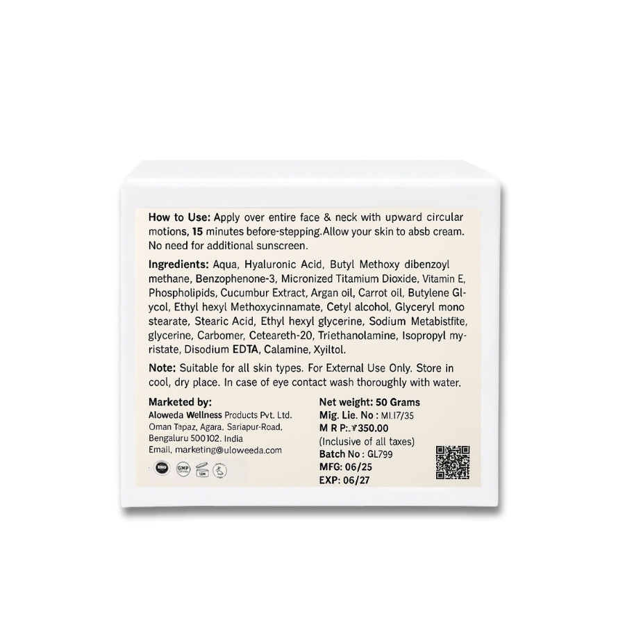 The Day Cream 50 Gram: Aloweda Day Cream SPF 30 + Hyaluronic Acid + Vitamin E